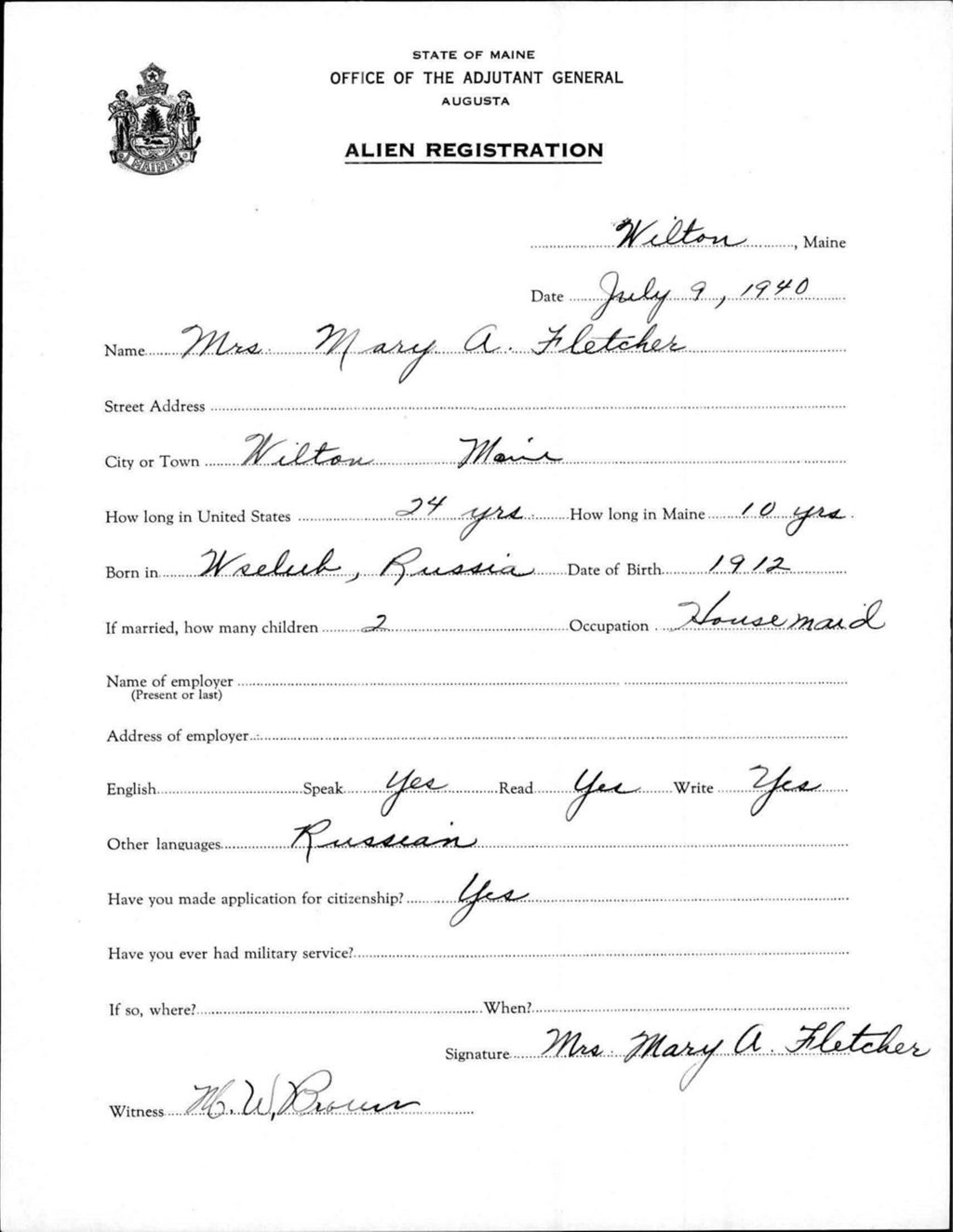 Miniature of Alien Registration- Fletcher, Mary A. (Wilton, Franklin County)