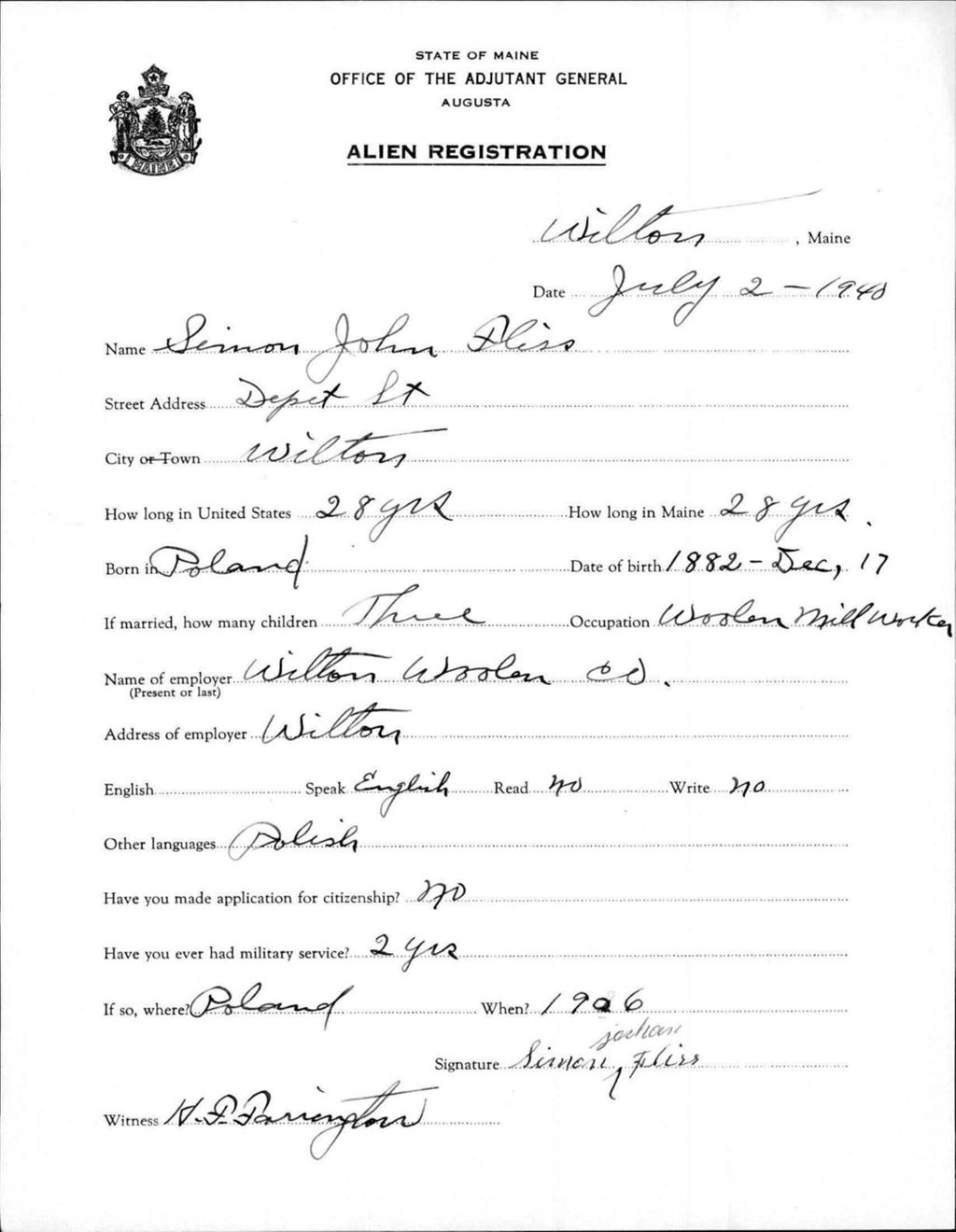 Miniature of Alien Registration- Fliss, Simon J. (Wilton, Franklin County)