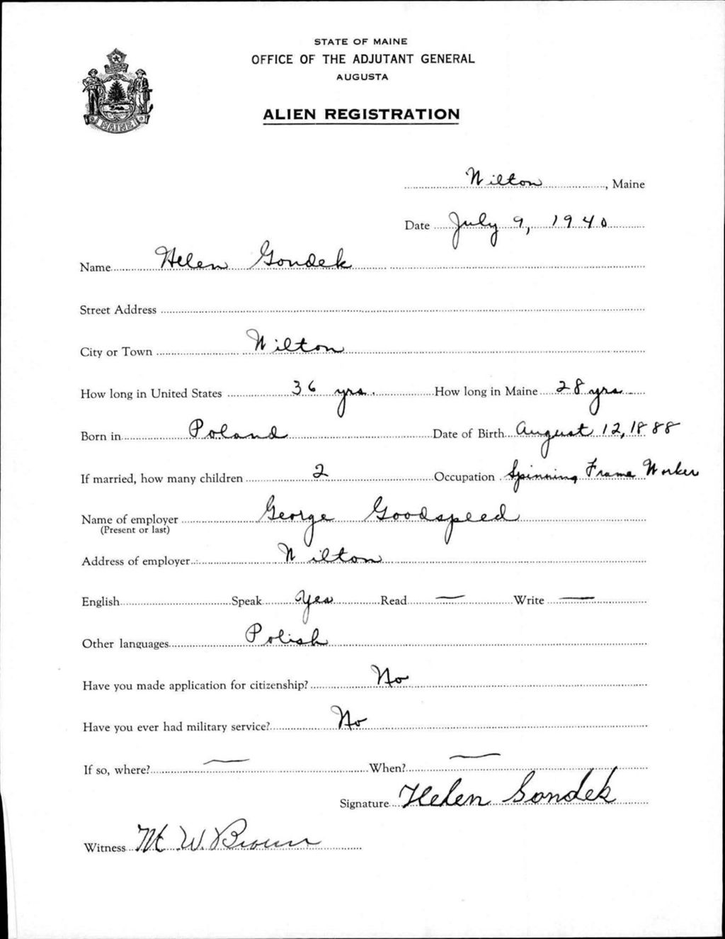 Miniature of Alien Registration- Gondek, Helen (Wilton, Franklin County)