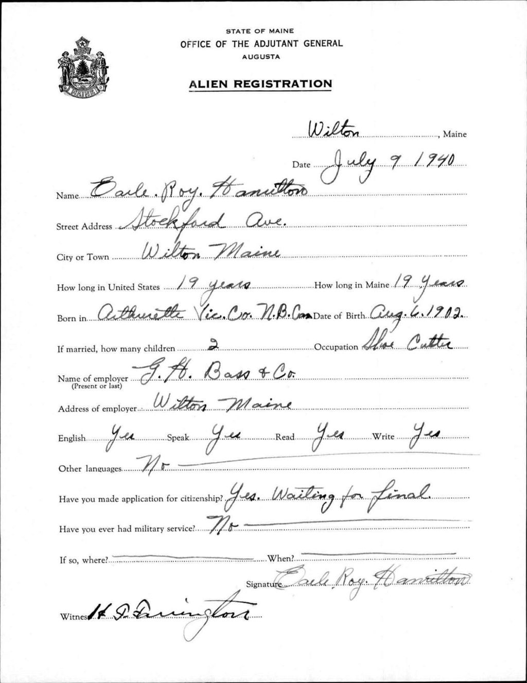 Miniature of Alien Registration- Hamilton, Earle R. (Wilton, Franklin County)