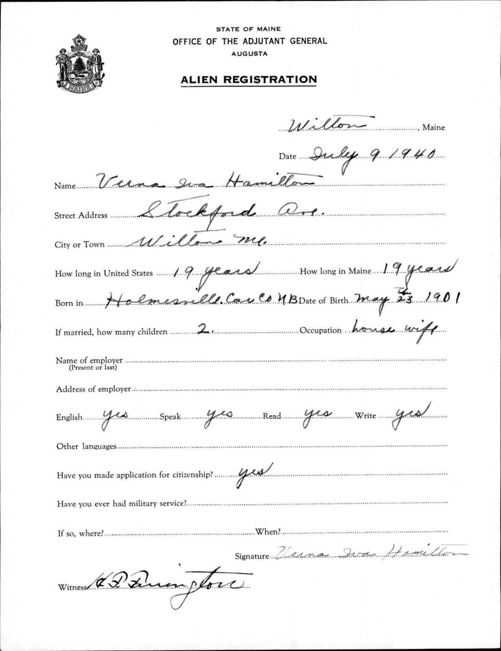 Miniature of Alien Registration- Hamilton, Verna I. (Wilton, Franklin County)