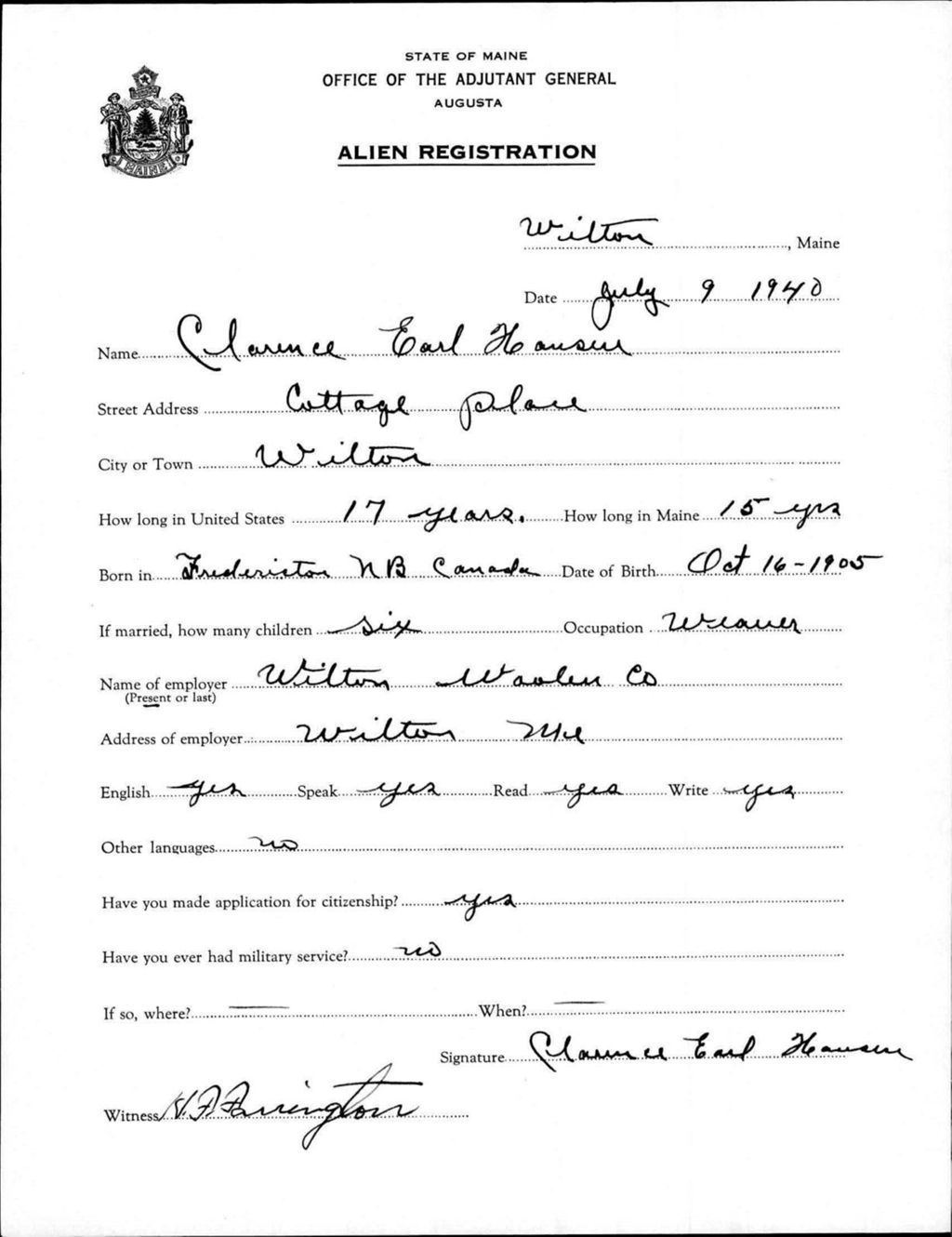 Miniature of Alien Registration- Hansen, Clarence E. (Wilton, Franklin County)