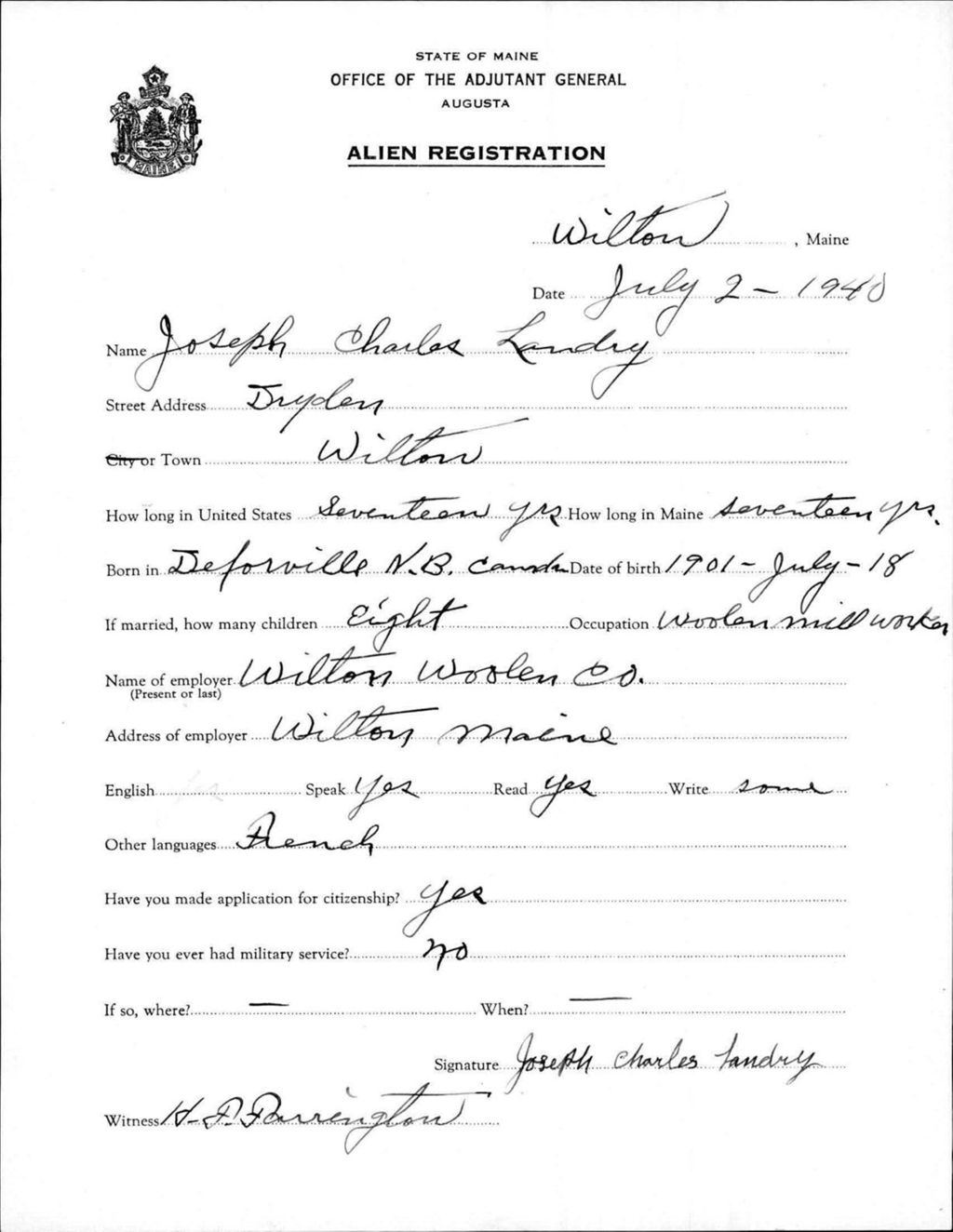 Miniature of Alien Registration- Landry, Joseph C. (Wilton, Franklin County)