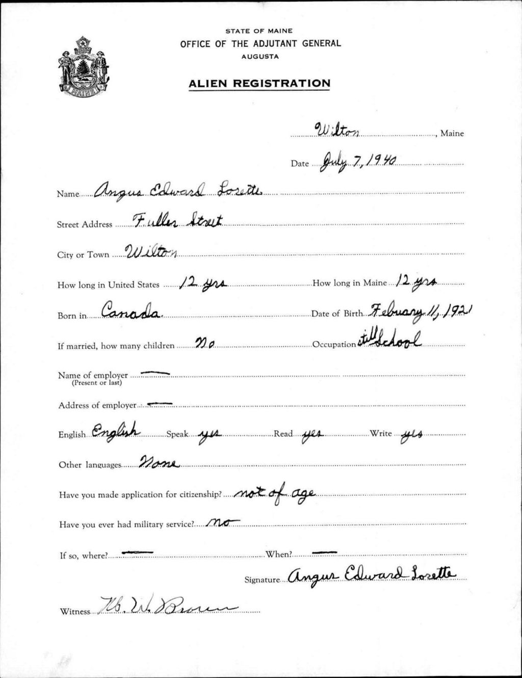 Miniature of Alien Registration- Lorette, Angus E. (Wilton, Franklin County)