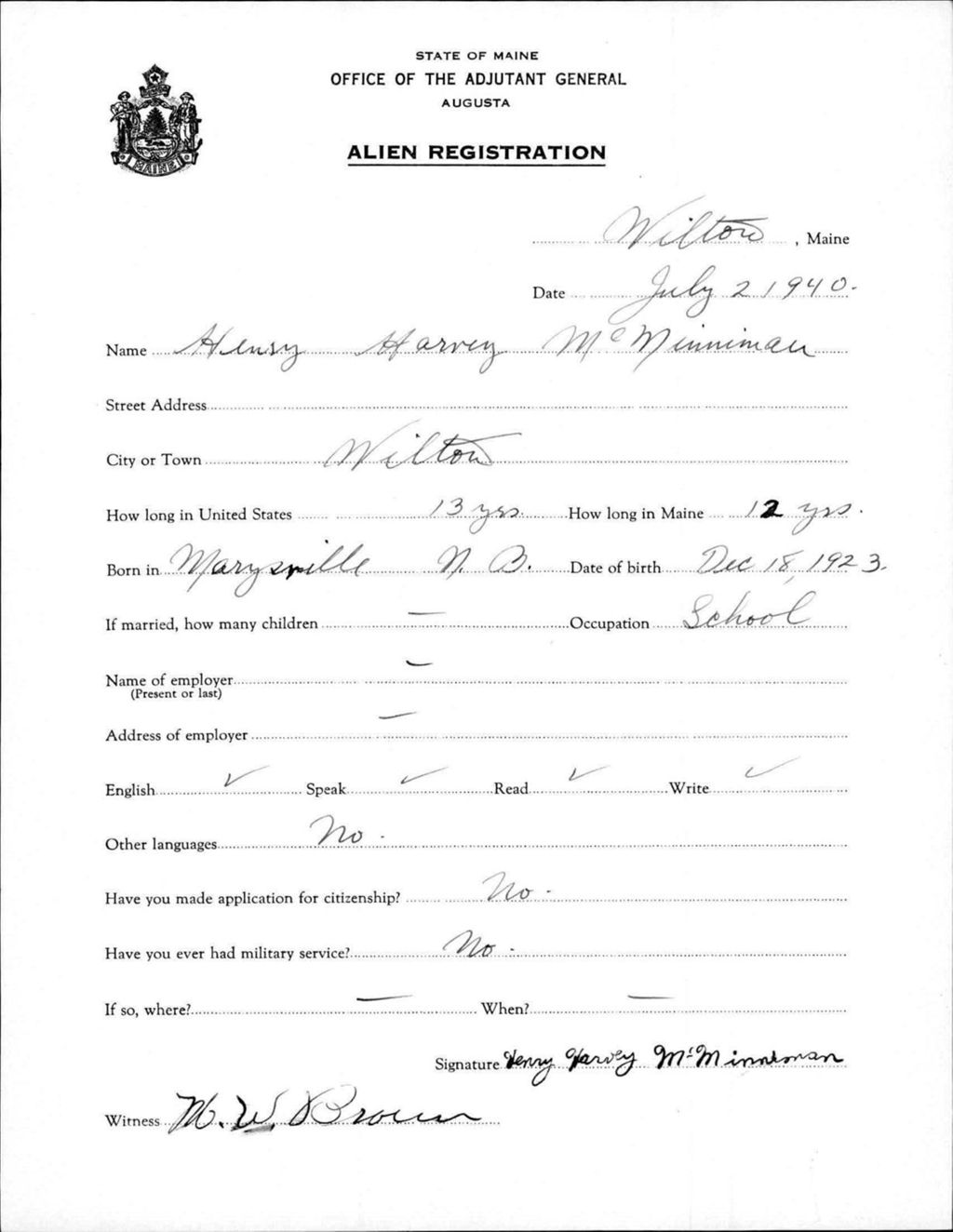 Miniature of Alien Registration- Mcminniman, Henry H. (Wilton, Franklin County)