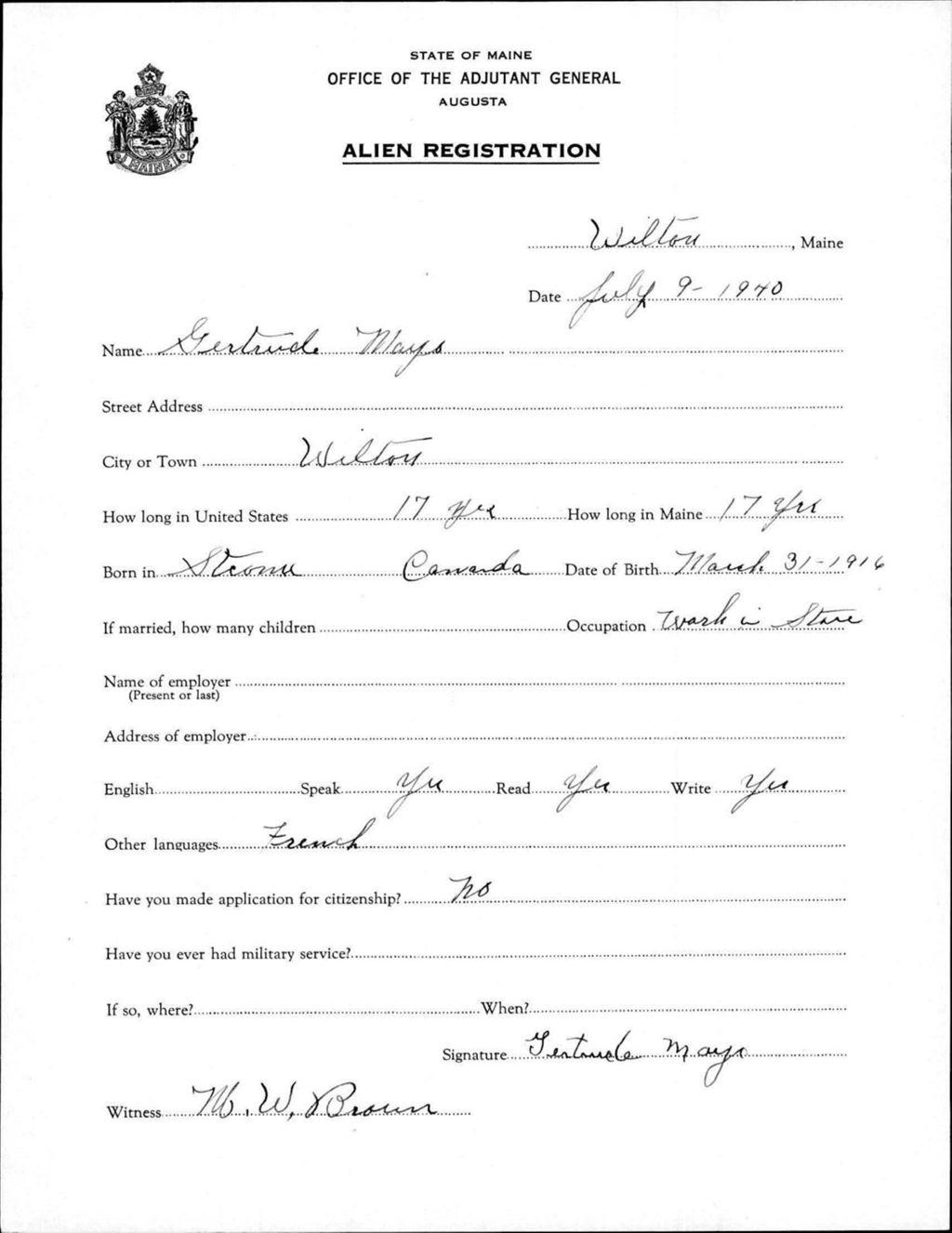 Miniature of Alien Registration- Mayo, Gertrude (Wilton, Franklin County)