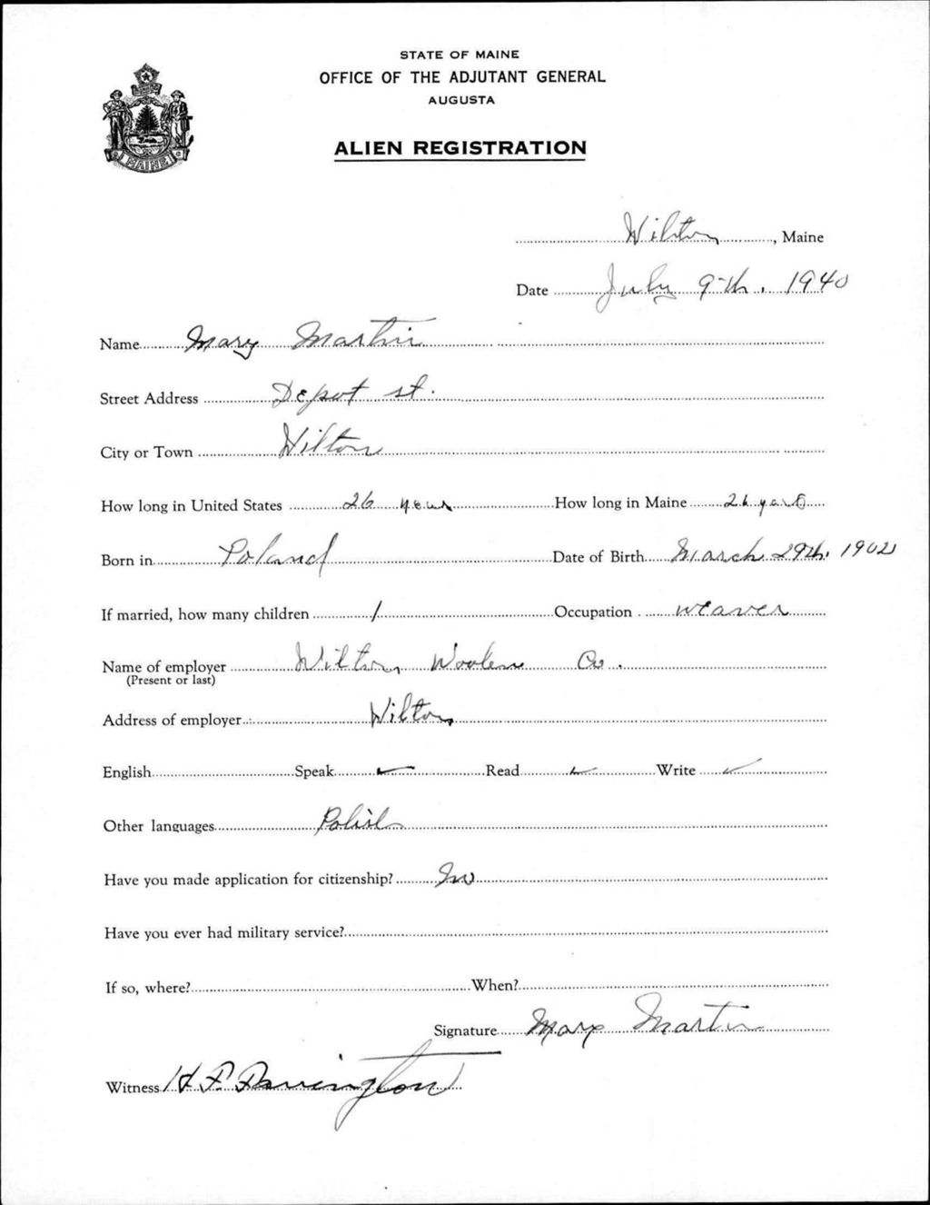 Miniature of Alien Registration- Martin, Mary (Wilton, Franklin County)