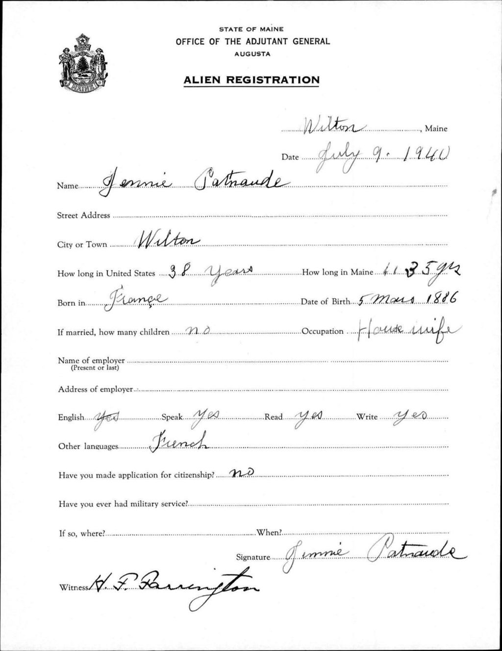 Miniature of Alien Registration- Patnaude, Jennie (Wilton, Franklin County)