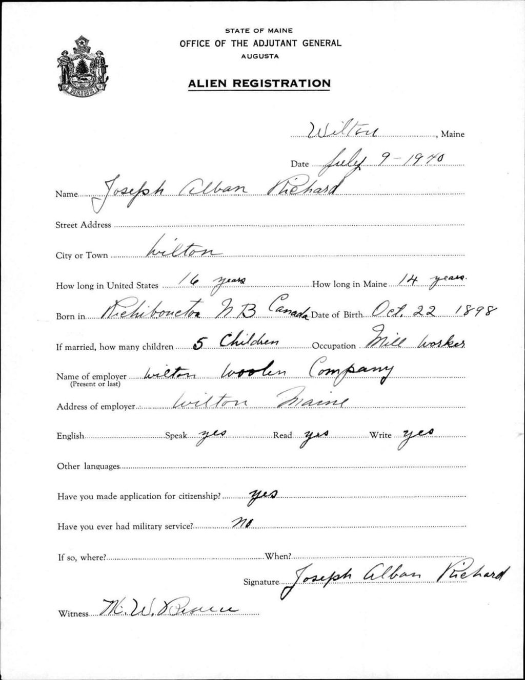Miniature of Alien Registration- Richard, Joseph A. (Wilton, Franklin County)
