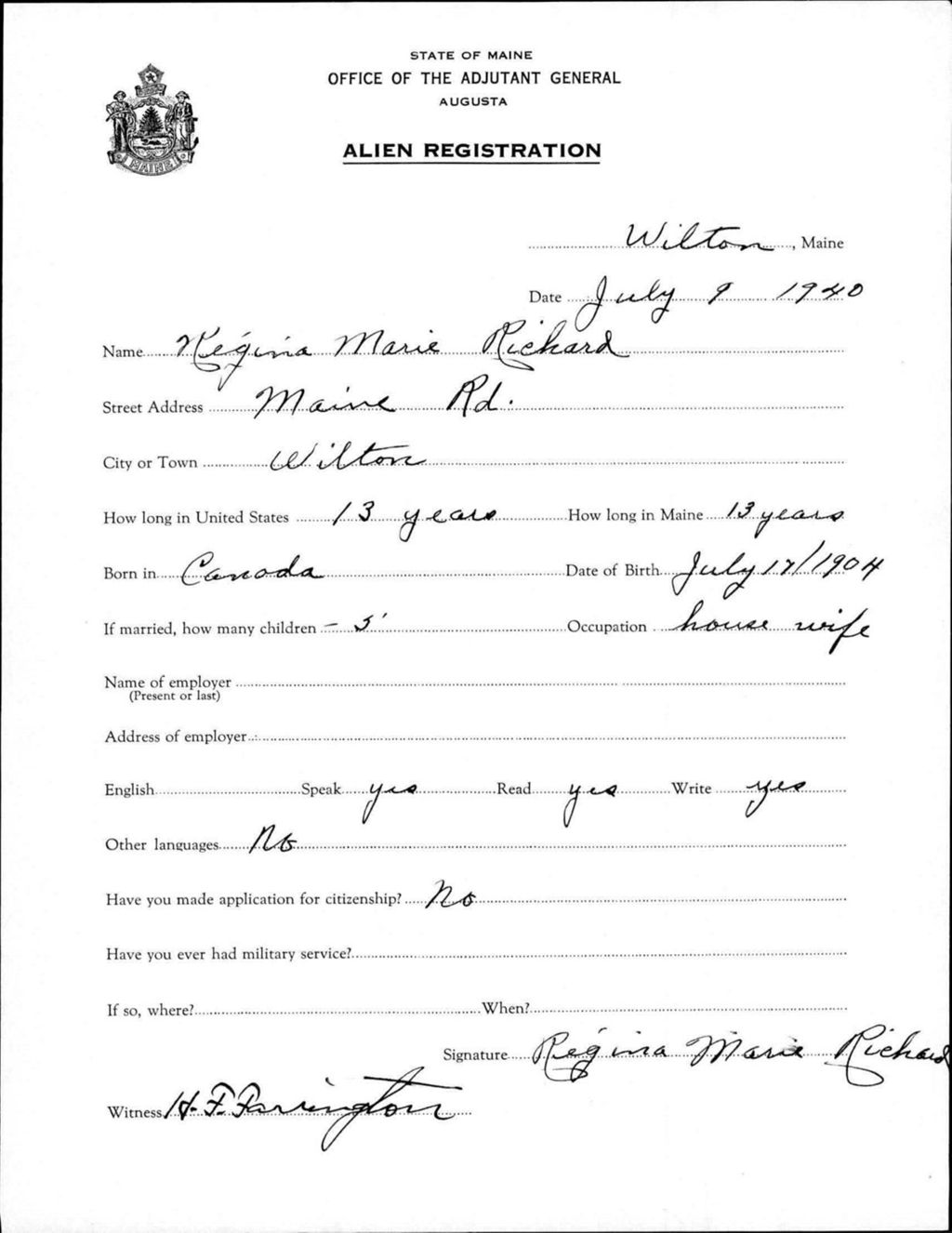 Miniature of Alien Registration- Richard, Regina M. (Wilton, Franklin County)
