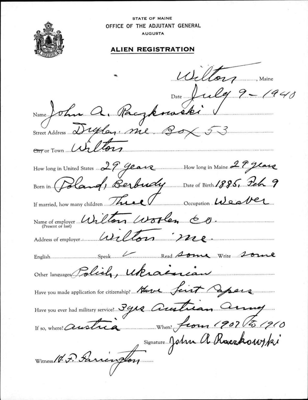 Miniature of Alien Registration- Raczkowski, John A. (Wilton, Franklin County)