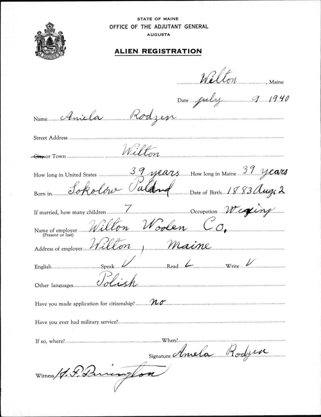 Miniature of Alien Registration- Rodzen, Amela (Wilton, Franklin County)