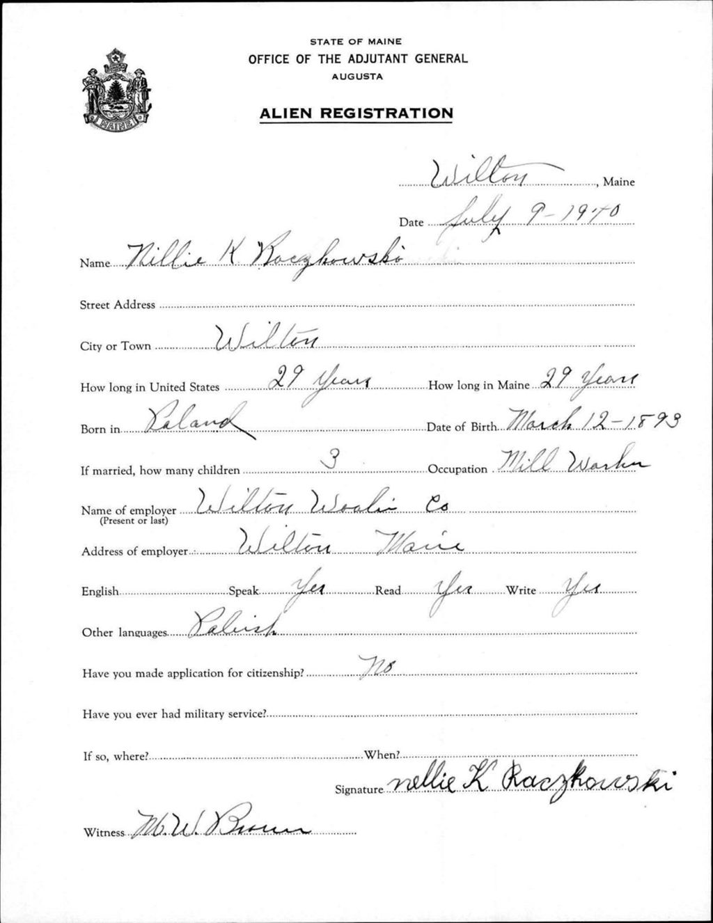 Miniature of Alien Registration- Raczkowski, Nellie K. (Wilton, Franklin County)
