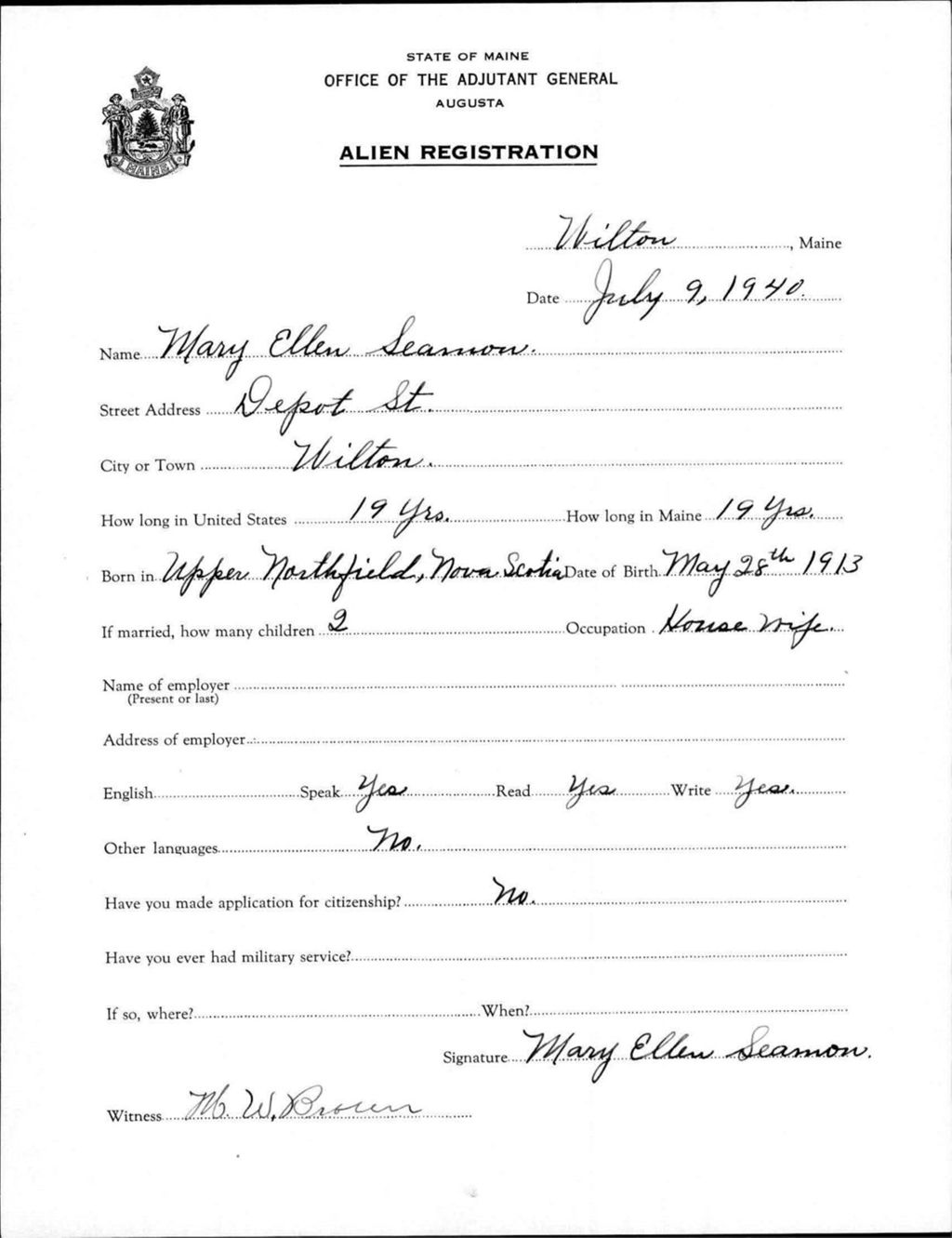 Miniature of Alien Registration- Seamon, Mary E. (Wilton, Franklin County)