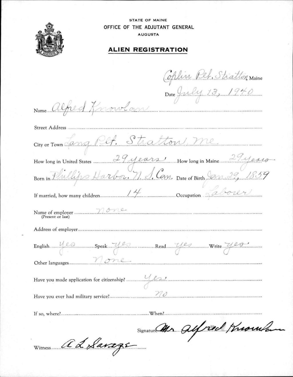 Miniature of Alien Registration- Knowlan, Alfred (Coplin Plantation, Franklin County)