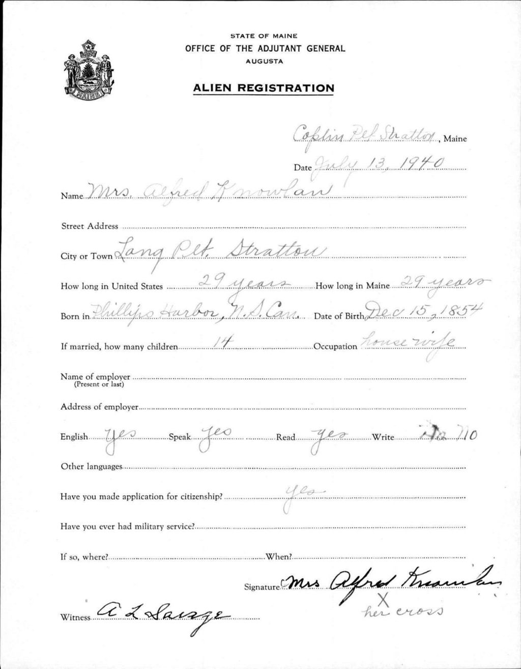 Miniature of Alien Registration- Knowlan, Alfred (Coplin Plantation, Franklin County)