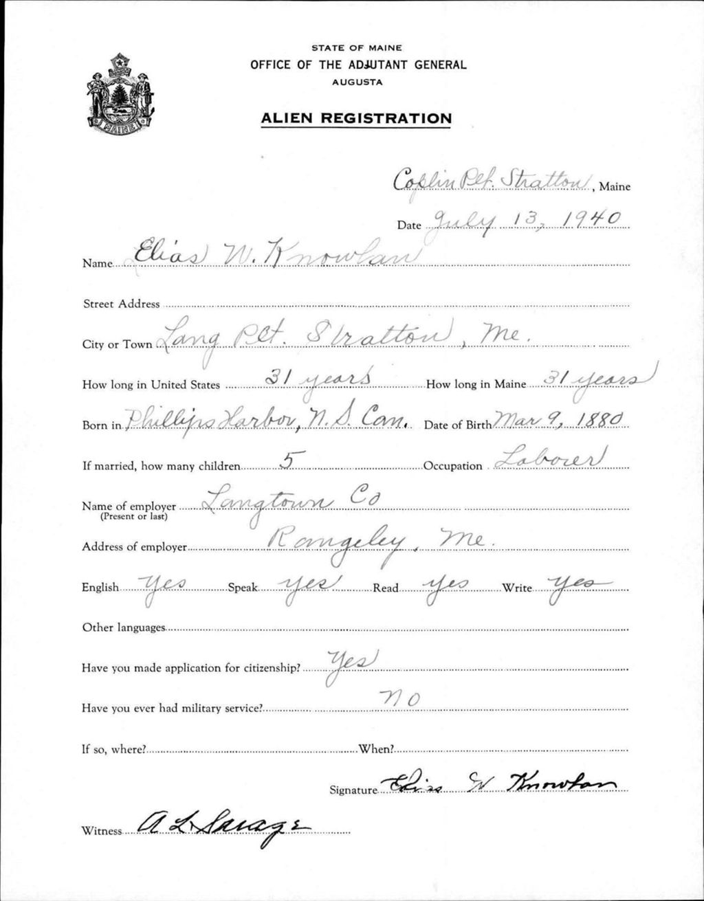 Miniature of Alien Registration- Knowlan, Elias W. (Coplin Plantation, Franklin County)