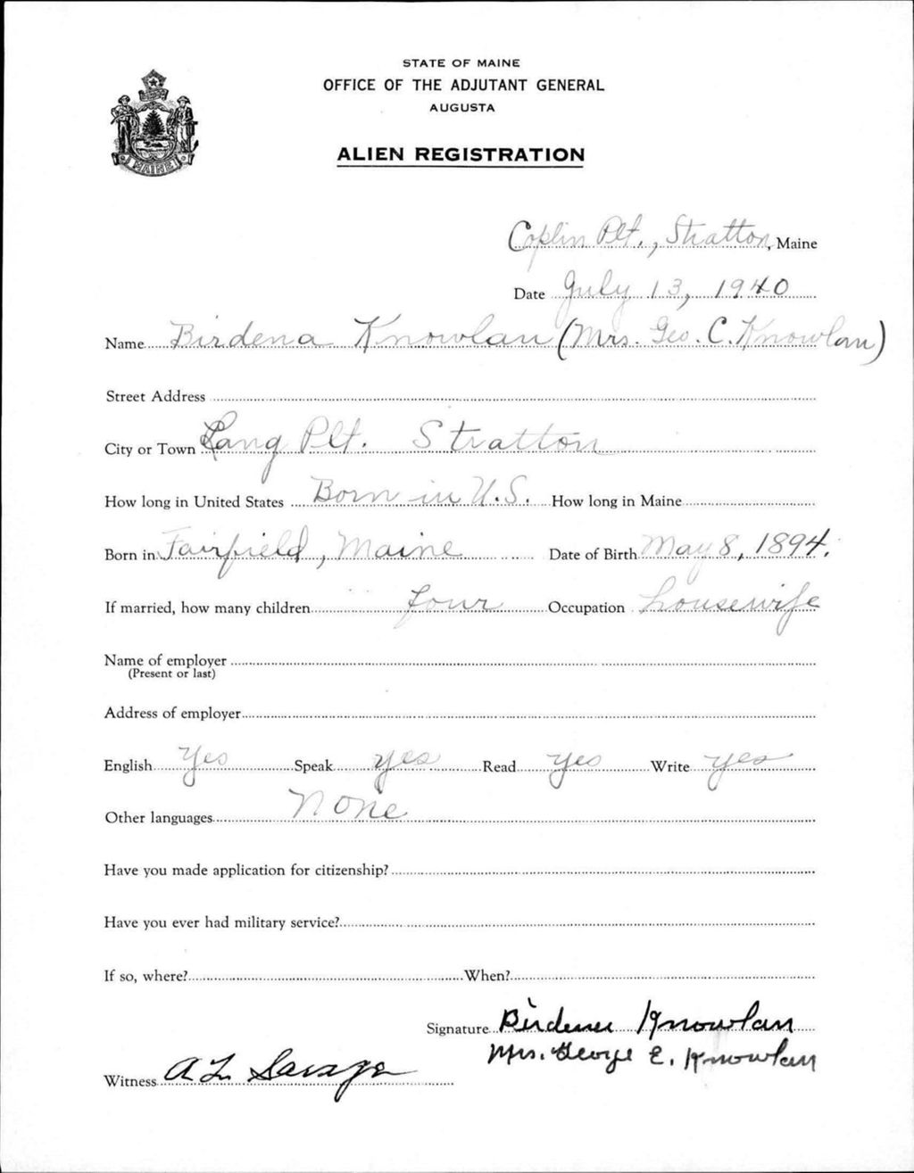 Miniature of Alien Registration- Knowlan, Birdena (Coplin Plantation, Franklin County)