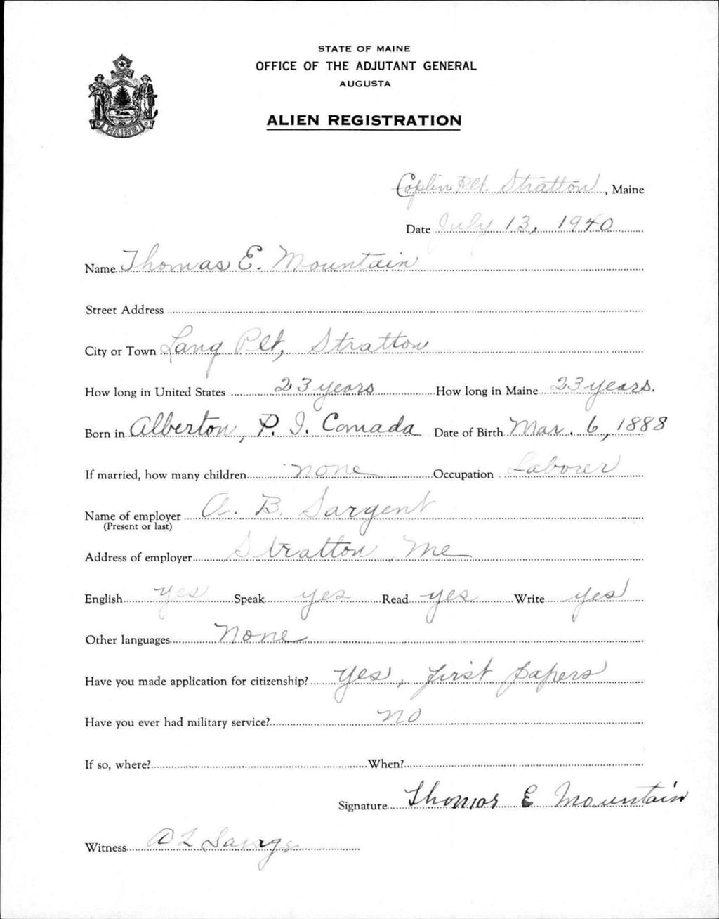 Miniature of Alien Registration- Mountain, Thomas E. (Coplin Plantation, Franklin County)