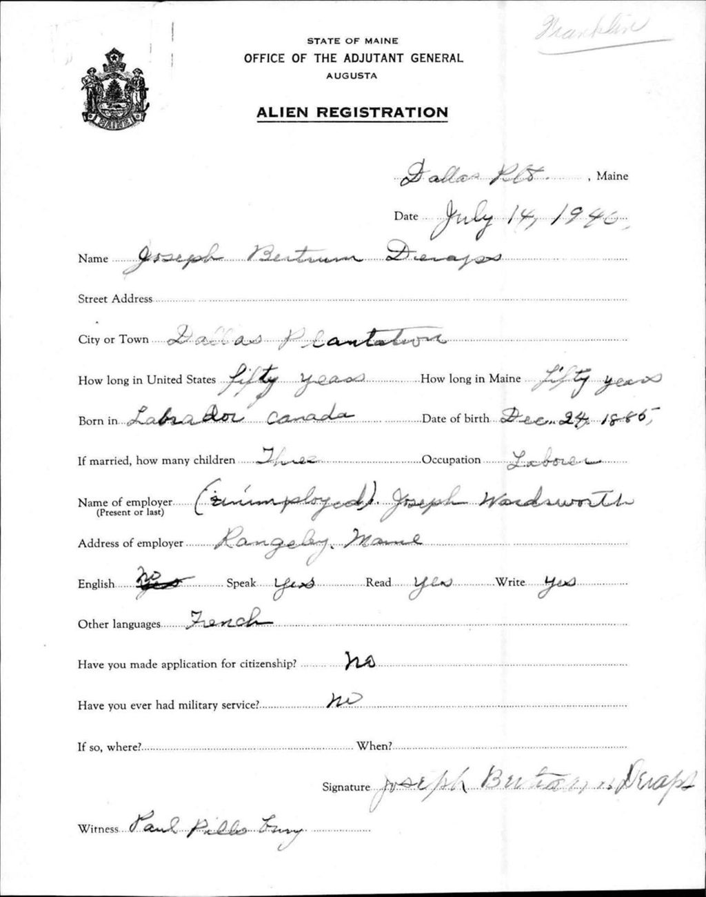 Miniature of Alien Registration- Deraps, Joseph B. (Dallas Plantation, Franklin County)