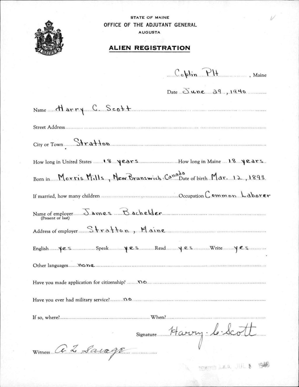 Miniature of Alien Registration- Scott, Harry C. (Coplin Plantation, Franklin County)