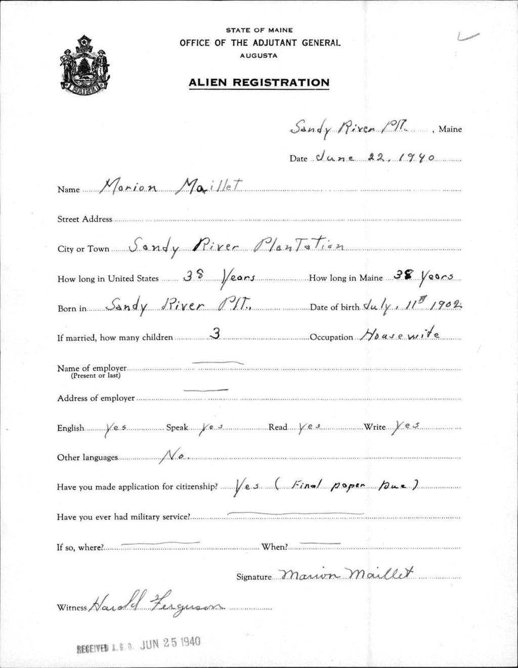 Miniature of Alien Registration- Maillet, Marion (Sandy River Plantation, Franklin County)