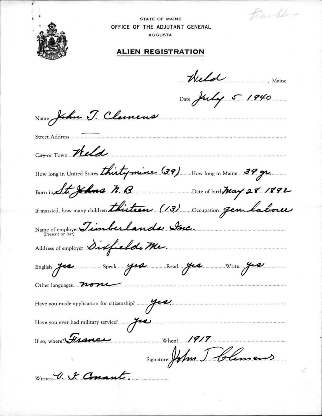 Miniature of Alien Registration- Clemens, John T. (Weld, Franklin County)