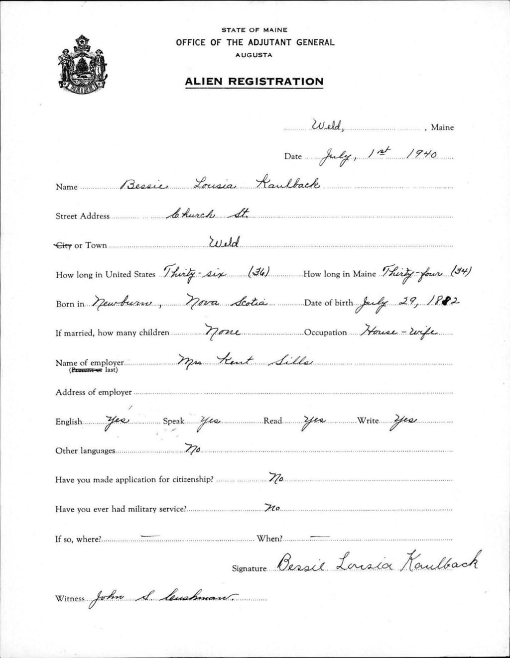 Miniature of Alien Registration- Kaulback, Bessie L. (Weld, Franklin County)