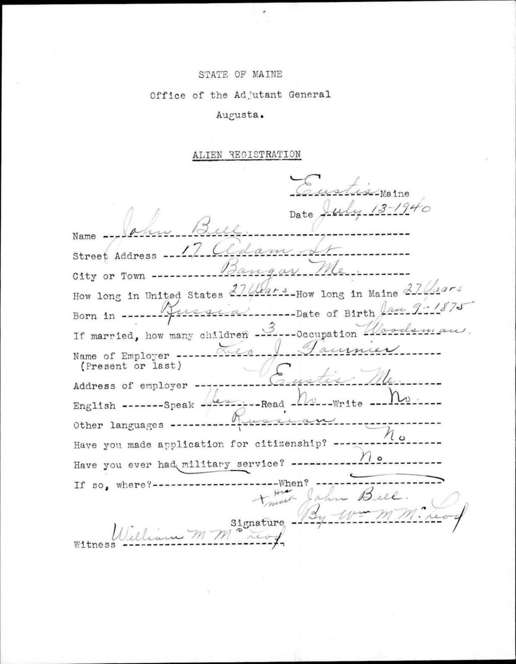 Miniature of Alien Registration- Bell, John (Eustis, Franklin County)