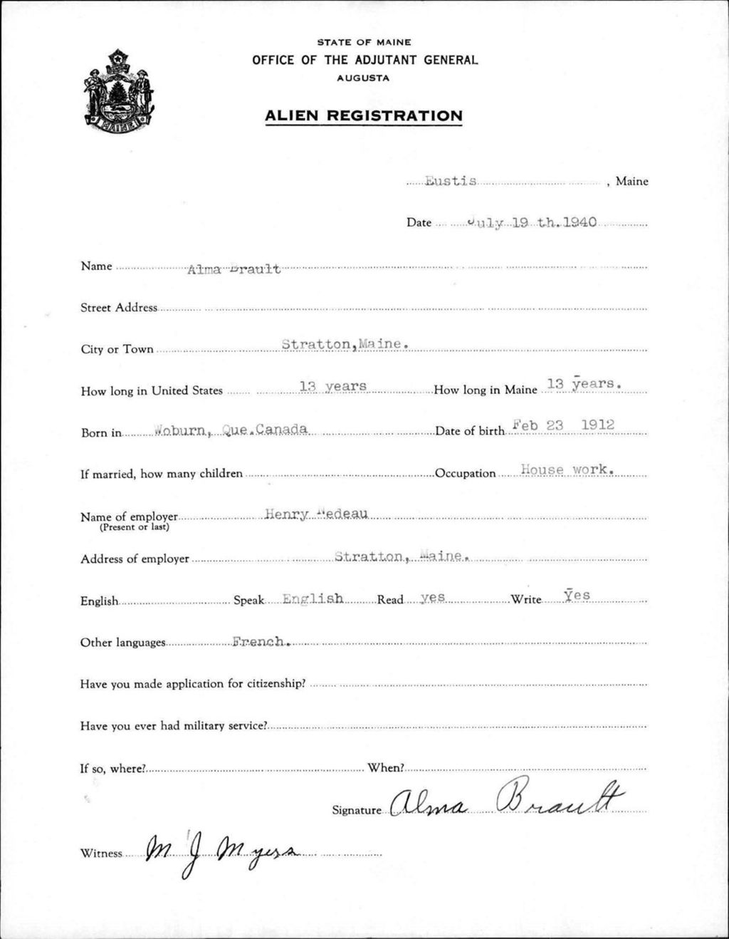 Miniature of Alien Registration- Brault, Alma (Eustis, Franklin County)