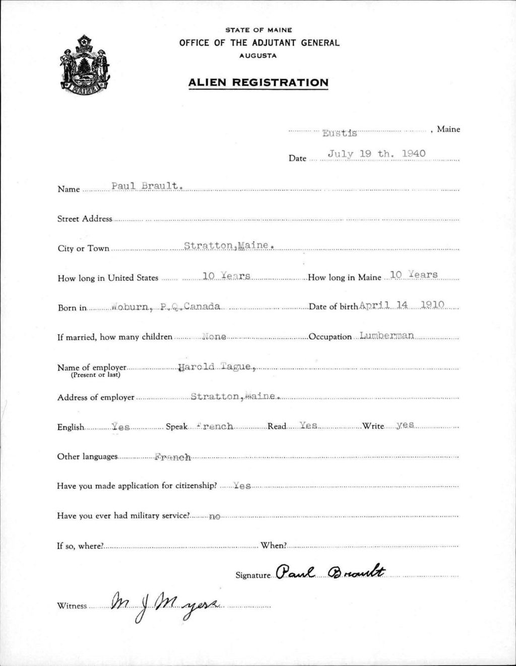 Miniature of Alien Registration- Brault, Paul (Eustis, Franklin County)