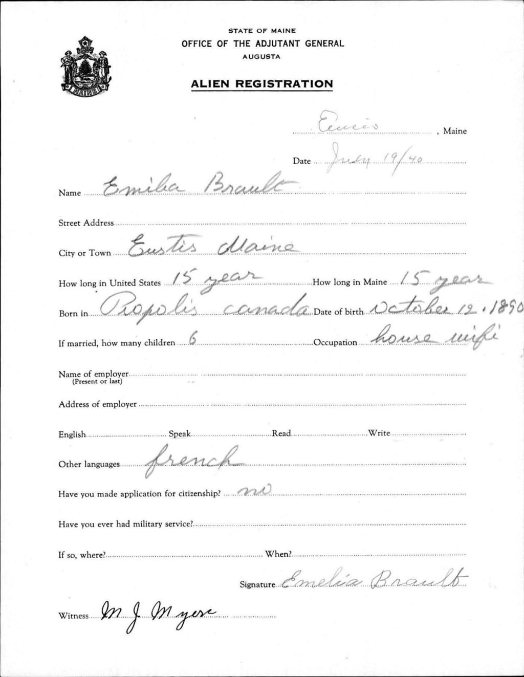 Miniature of Alien Registration- Brault, Emilia (Eustis, Franklin County)