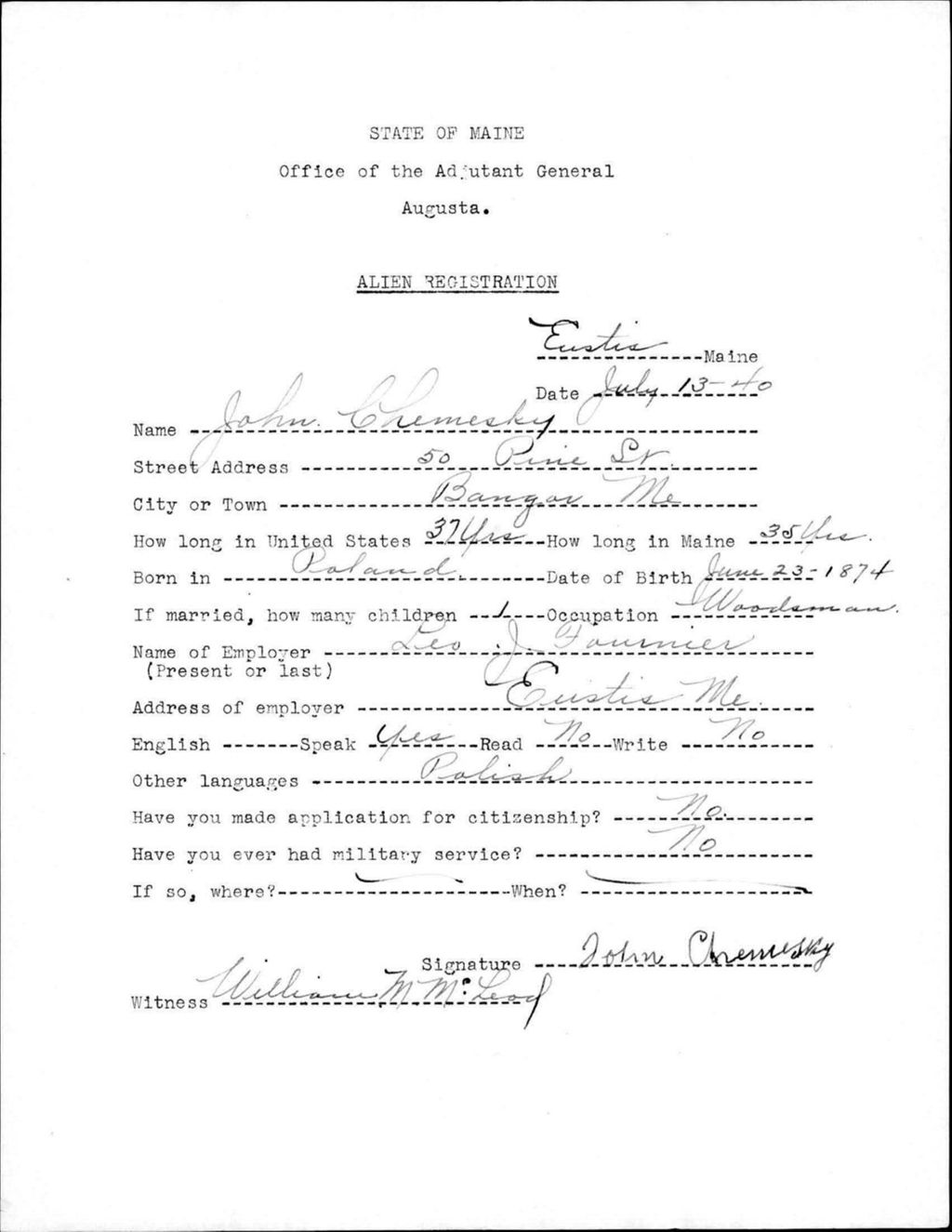 Miniature of Alien Registration- Chemesky, John (Eustis, Franklin County)