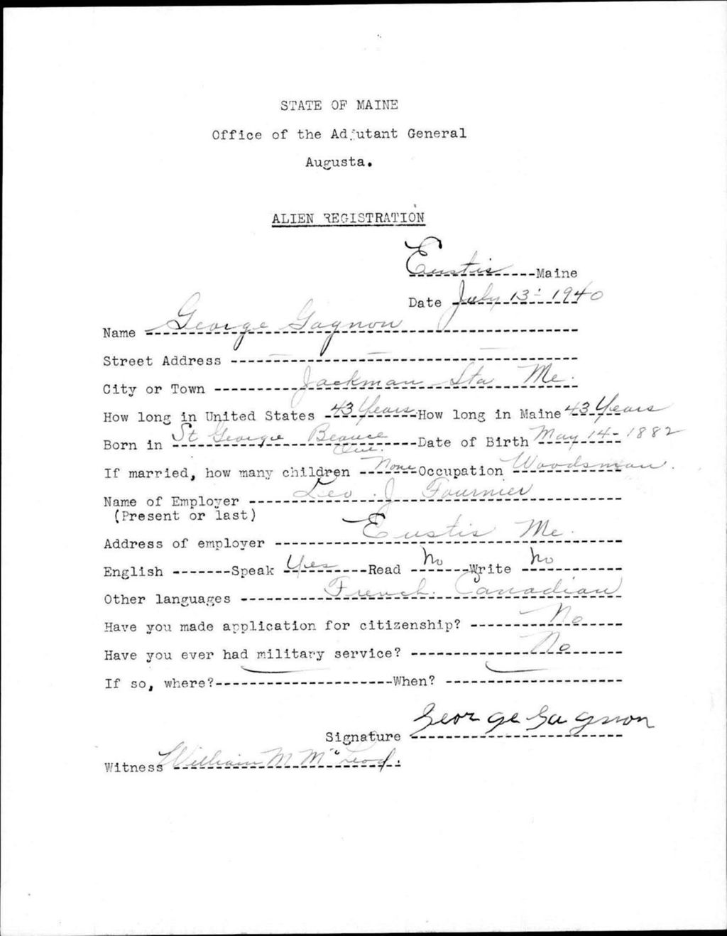 Miniature of Alien Registration- Gagnon, George (Eustis, Franklin County)