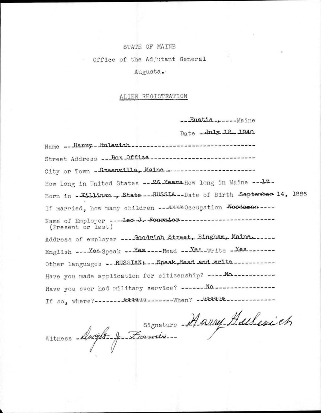 Miniature of Alien Registration- Hulevich, Harry (Eustis, Franklin County)
