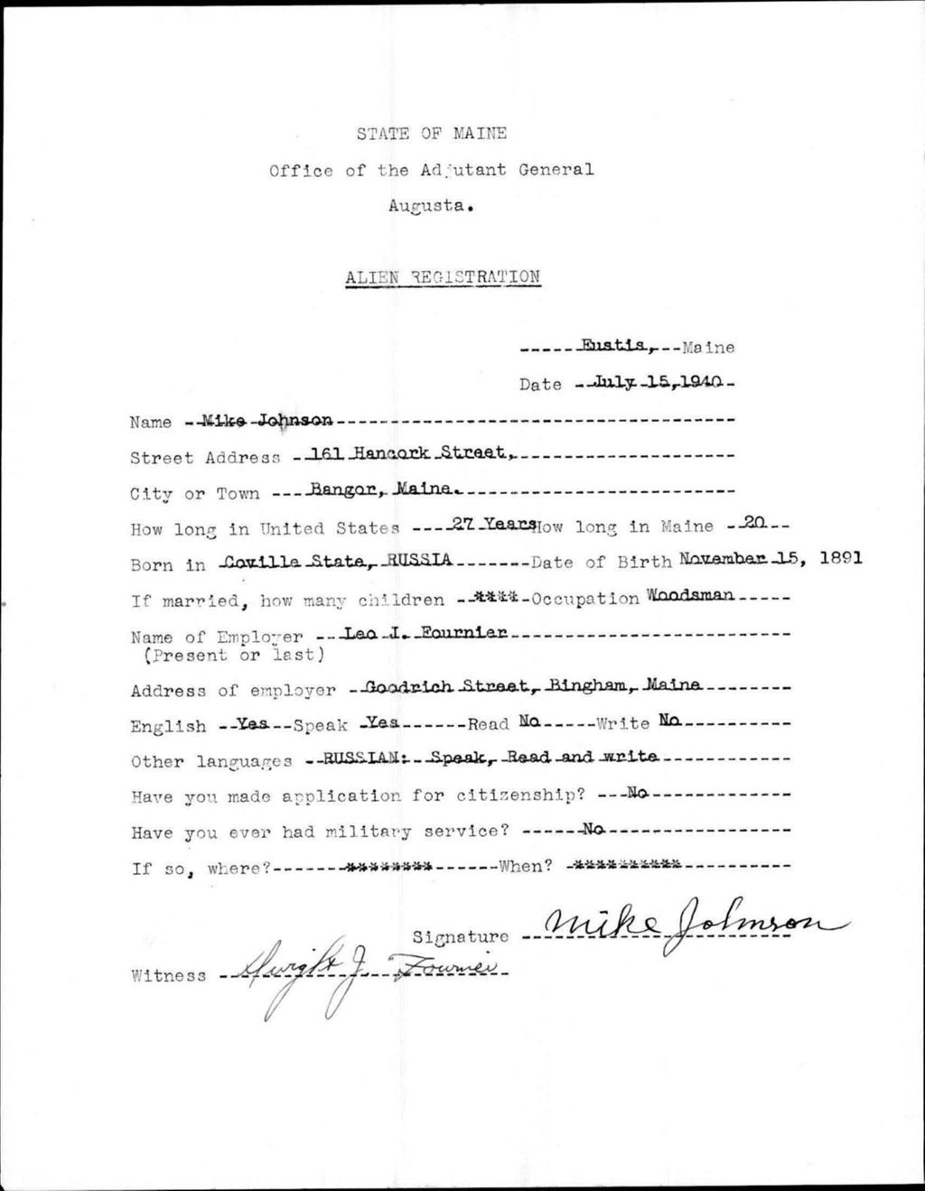 Miniature of Alien Registration- Johnson, Mike (Eustis, Franklin County)