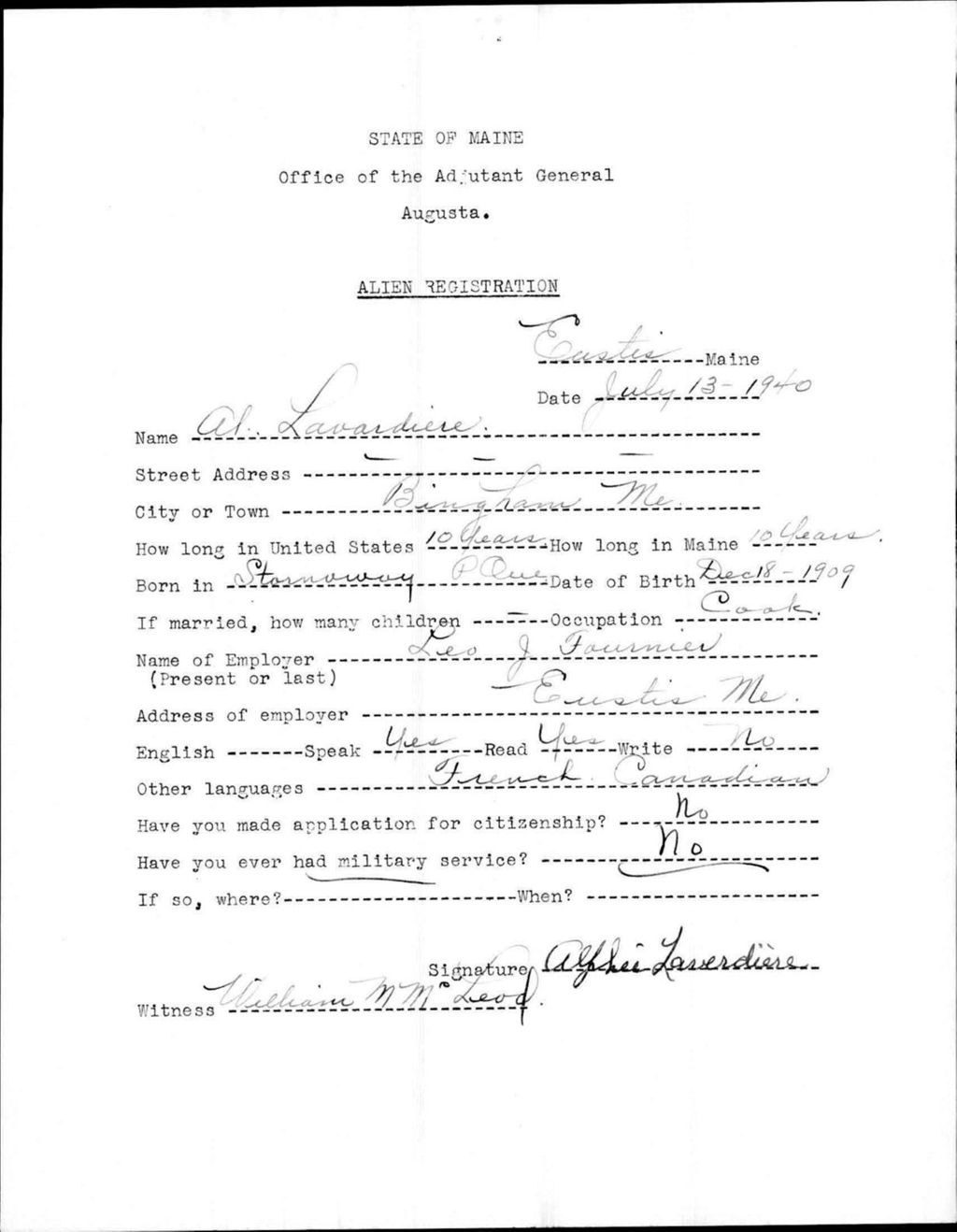 Miniature of Alien Registration- Lavardiere, Al (Eustis, Franklin County)