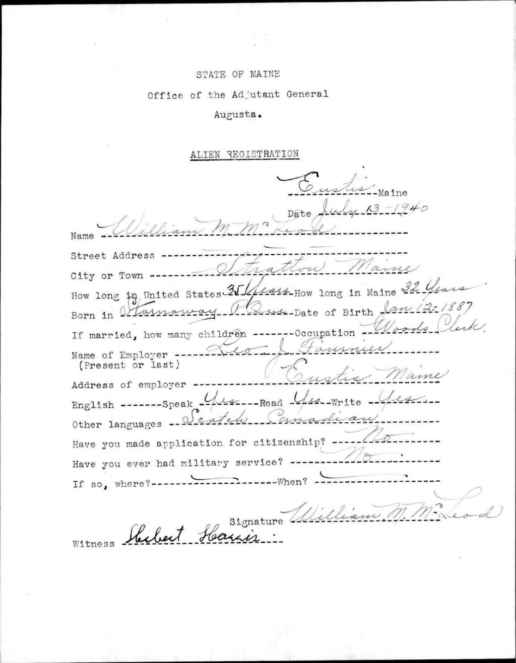 Miniature of Alien Registration- Mcleod, William M. (Eustis, Franklin County)