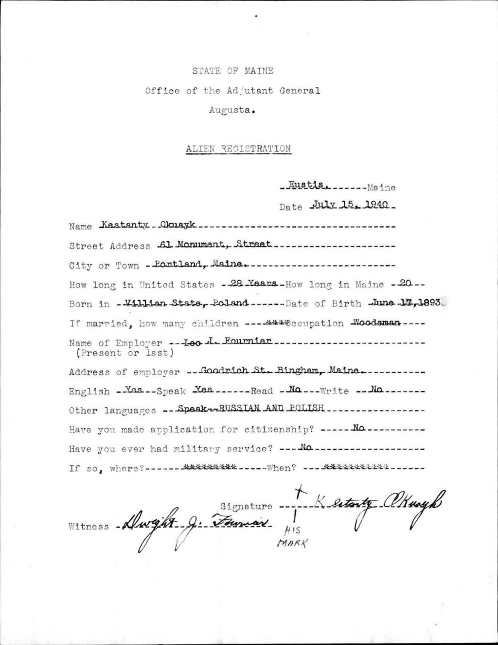 Miniature of Alien Registration- Okuayk, Kestanty (Eustis, Franklin County)