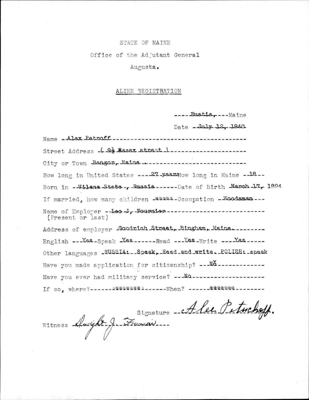 Miniature of Alien Registration- Petroff, Alex (Eustis, Franklin County)