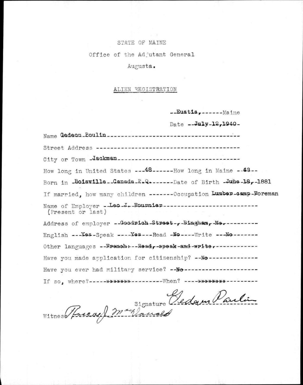 Miniature of Alien Registration- Poulin, Gedeon (Eustis, Franklin County)