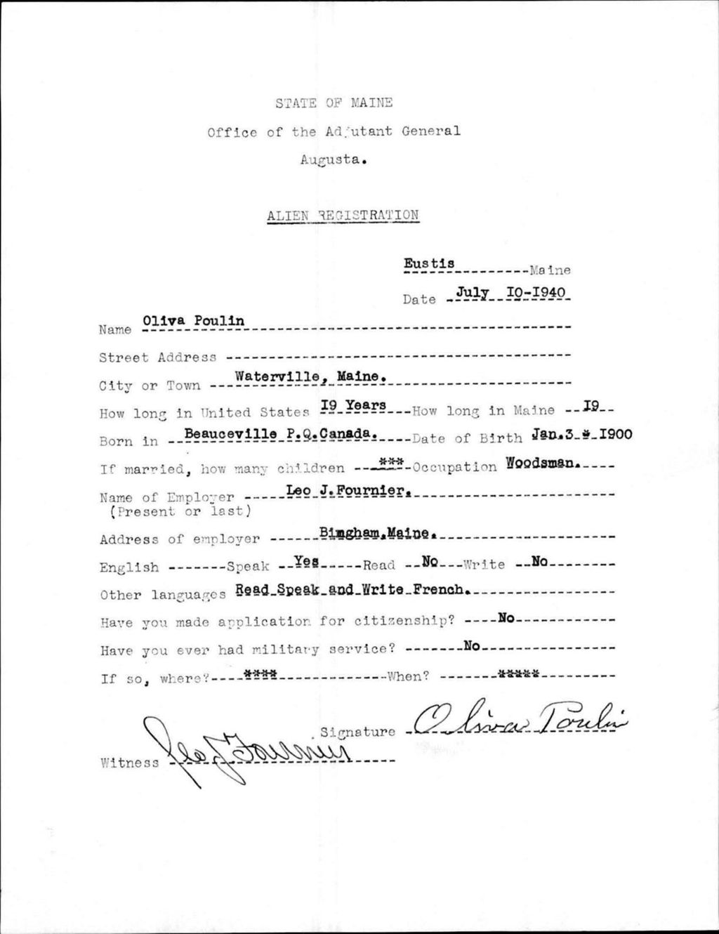 Miniature of Alien Registration- Poulin, Oliva (Eustis, Franklin County)