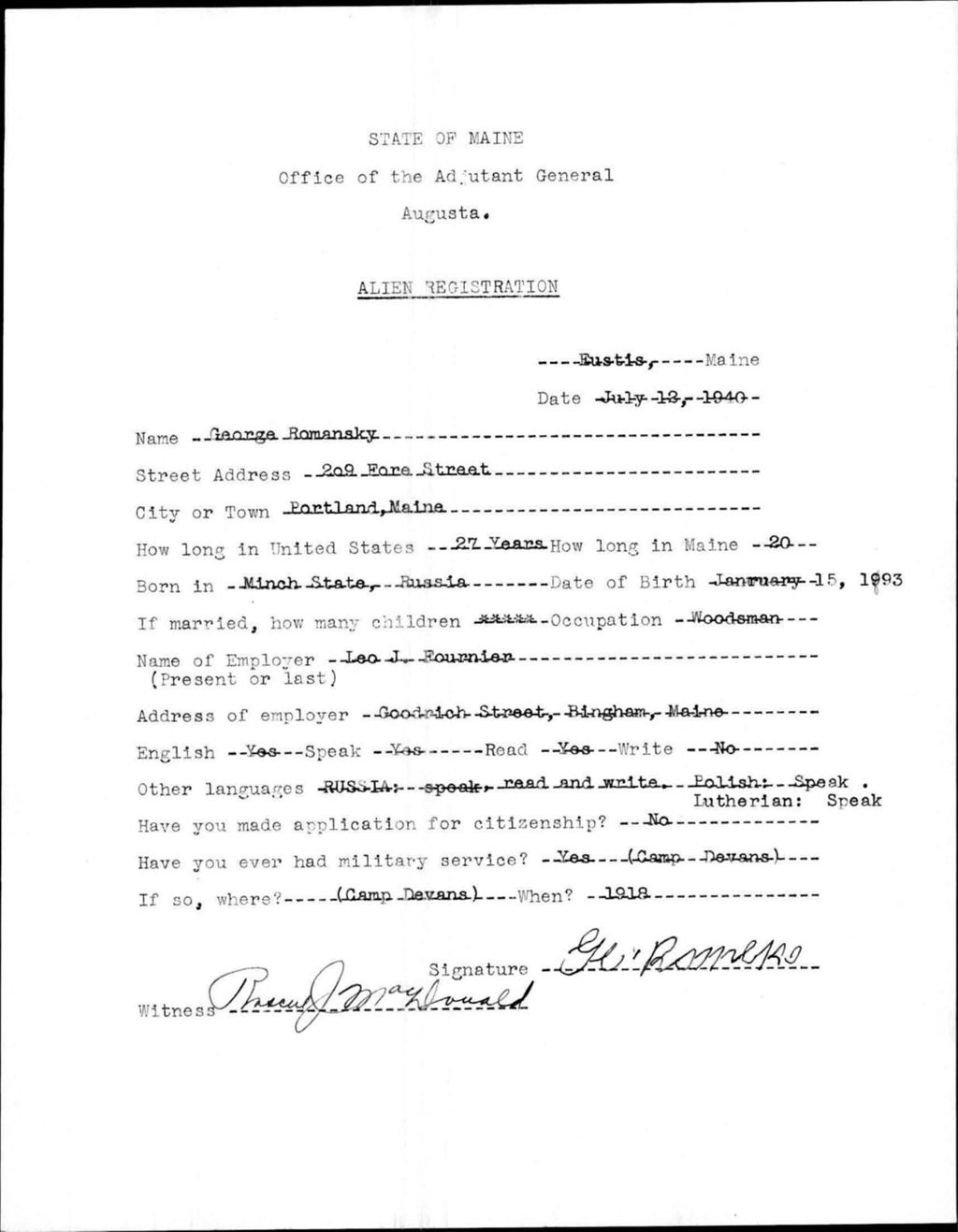 Miniature of Alien Registration- Romansky, George (Eustis, Franklin County)