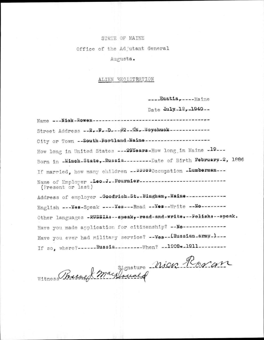Miniature of Alien Registration- Rowen, Nick (Eustis, Franklin County)