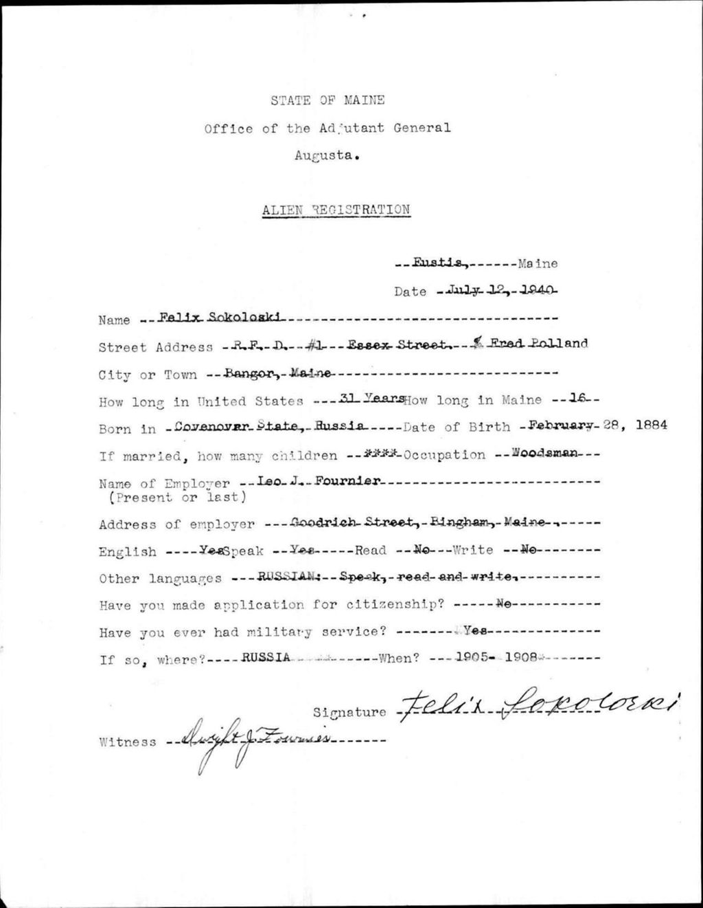 Miniature of Alien Registration- Sokoloski, Felix (Eustis, Franklin County)