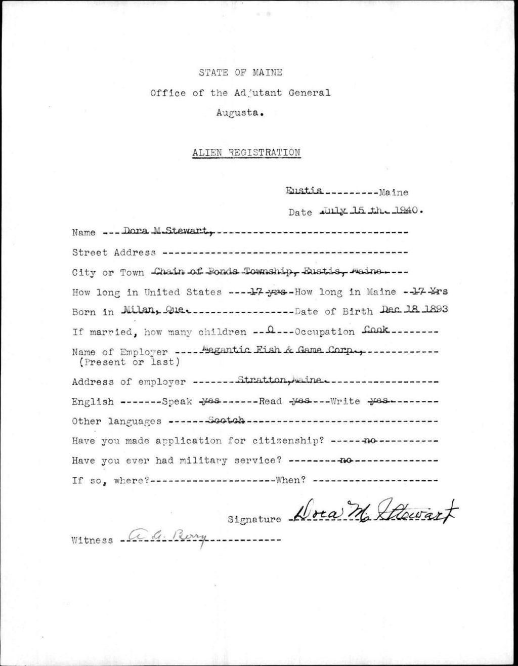 Miniature of Alien Registration- Stewart, Dora M. (Eustis, Franklin County)