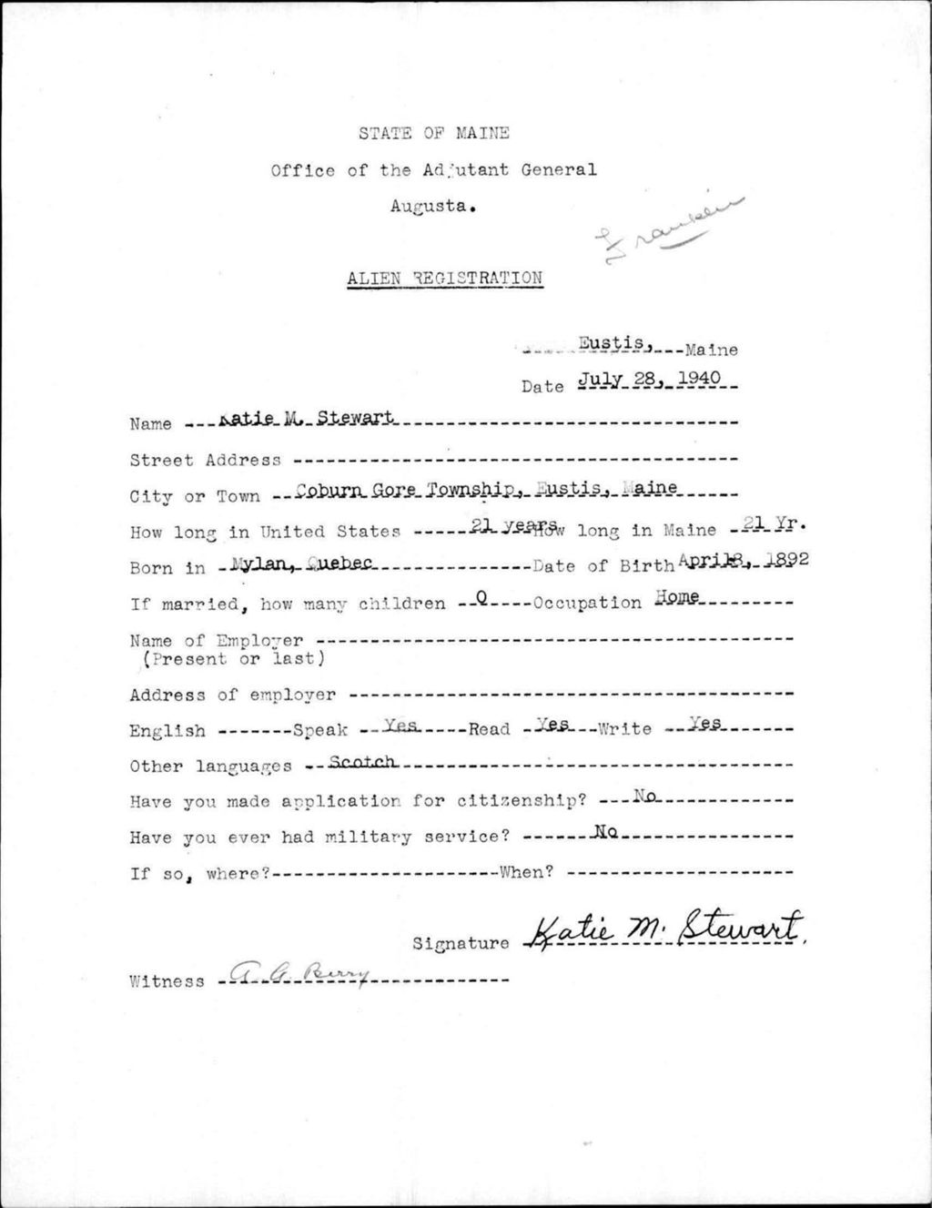 Miniature of Alien Registration- Stewart, Katie M. (Eustis, Franklin County)