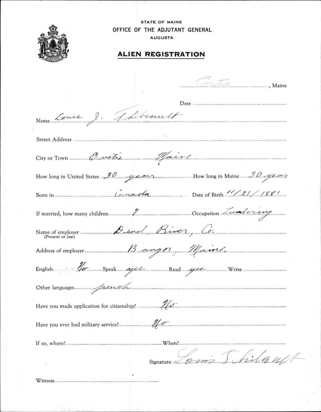 Miniature of Alien Registration- Thibeault, Louis J. (Eustis, Franklin County)