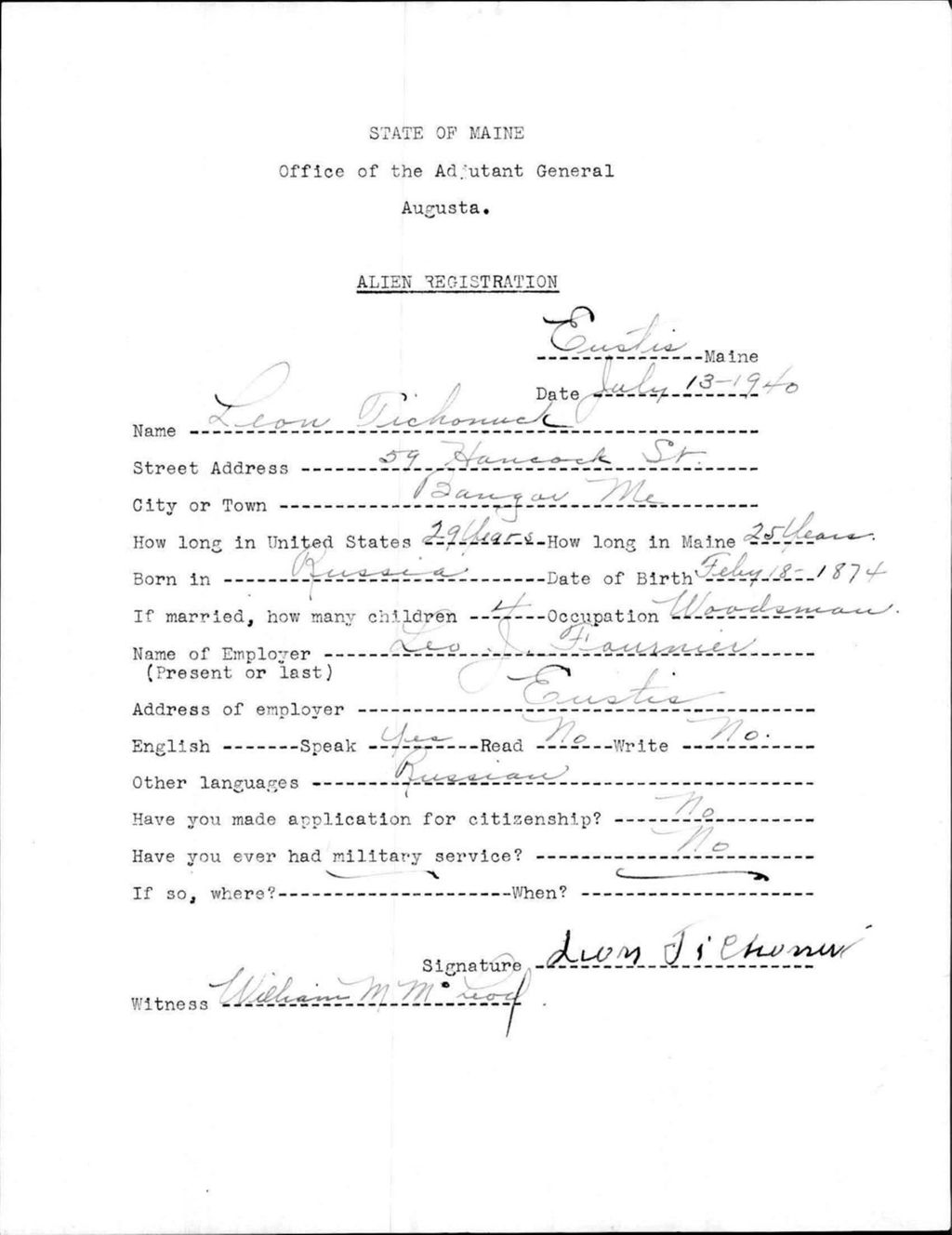 Miniature of Alien Registration- Tichonuck, Leon (Eustis, Franklin County)