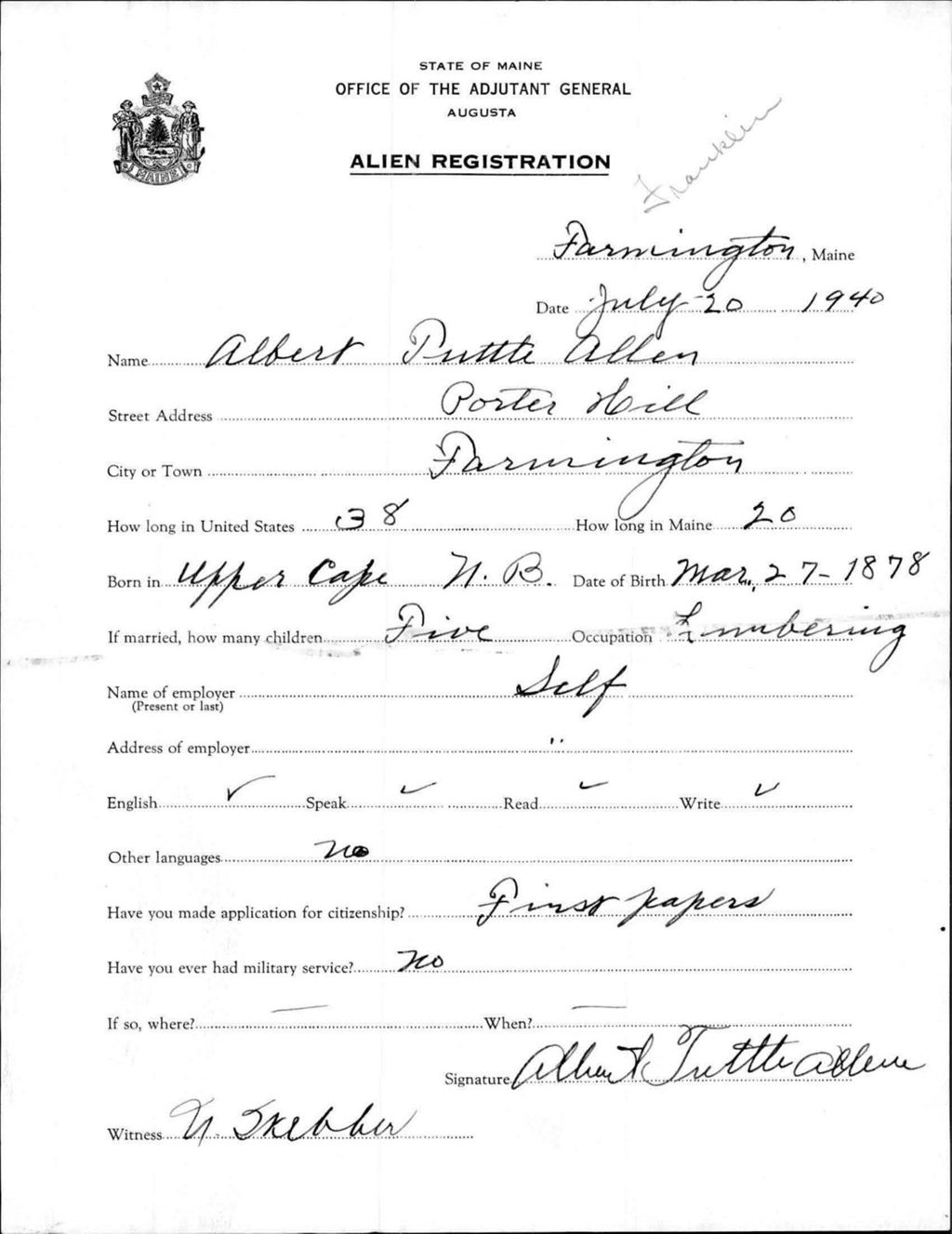 Miniature of Alien Registration- Allen, Albert T. (Farmington, Franklin County)